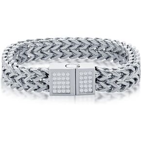 Beaux Bijoux Double Franco Link Chain with 3 Row Simulated Diamond CZ Bar 8.5" Bracelet | Silver/Gold Plated Stainless-Steel Jewelry for Men