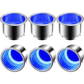 Yexiya 6 Pcs LED Cup Holder Marine Cup Drink Holder Stainless Steel Cup Holders Insert with Drain for Boat Yacht Car Camper Truck RV, Blue Lights