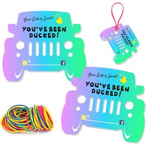You've Been Ducked, Duck Tags, Duck Duck Tags, Ducking Game Card, 35 Pack Ducked Tags 2.5 x 2", with Round Hole and Rubber Bands, Duck Design and SUV Car (Blue+Yellow)