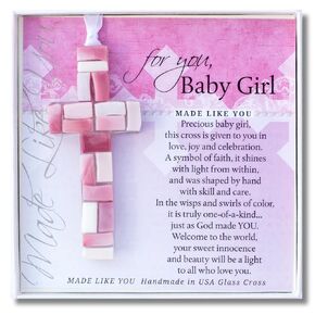 New Baby Girl Gift -Handmade in USA Glass Cross with Sentiment - Welcome New Baby Girl Gift/Baby Girl Baptism Gift/Baby Girl Christening Gift (Pink)