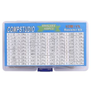 1/2W 1% 40 Values 400pcs Resistor Assortment Kit 1/2 Watt Metal Film Fixed Resistors Variety Pack 1 Ohm to 1M Ohm 1/2Watt 0.5 watt Common Resistors Assorted RoHS Compliant with ±1% Tolerance