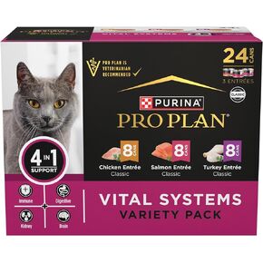 Purina Pro Plan Vital Systems Chicken, Turkey and Salmon Entree Wet Cat Food Variety Pack 4-in-1 Immune, Digestive, Kidney and Brain - (Pack of 24) 3 oz. Cans