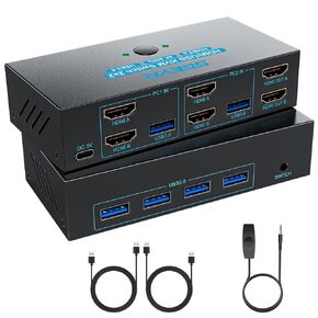 SGEYR HDMI KVM Switch Dual Monitor, 4K@60Hz KVM Switch 2 Monitors 2 Computers with 4 USB 3.0 Ports Share 2 Monitors and USB Devices, Support Wired Remote and Button Switch, Sharing Keyboard& Mouse