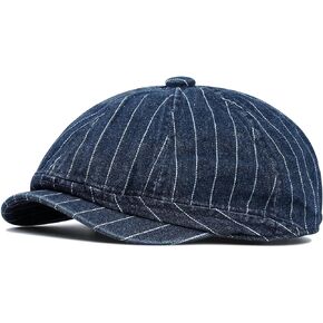 Clakllie Octagonal Newsboy Hat with Chic Stripe Design Herringbone Ivy Cabbie Hat Denim Cotton Gatsby Driving Cap for Daily