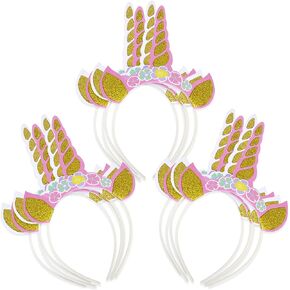 12Pcs Unicorn Party Supplies Gold Glitter Unicorn Headband with 3 Flower Ears Unicorn Party Hats for Unicorn Party Decorations, Birthday Party, Baby Shower