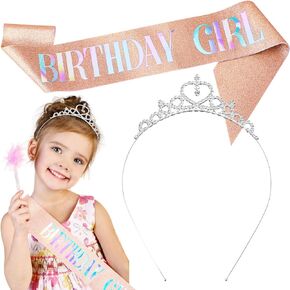 cobee Birthday Girl Sash & Rhinestone Crown Set, Great Birthday Gifts Girl's Crystal Princess Birthday Tiara Elegant Birthday Sash for Girls Women Birthday Party Supplies(Pink)