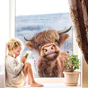 JarThenaAMCS 4 Sheet Cow Window Clings Highland Cute Peeking Cow Window Decals Double-Sided Funny Farm Animal Window Decor for Home Office School Supplies Party Decor