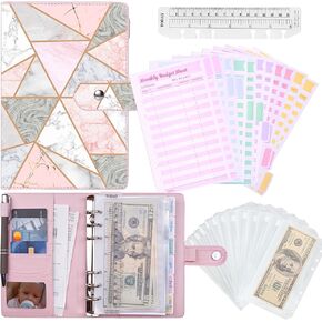 حافظة الميزانية مع مظاريف بسحاب - محفظة مجلد الميزانية مقاس A6، مظروف نقدي كبير وأوراق نفقات مخطط الميزانية، كتاب الميزانية الموفر للأموال، مجلد المال، منظم وحشو النقود - جلد وردي in Kuwait