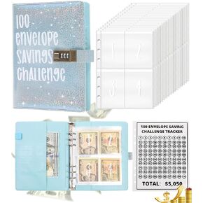 100 Envelope Challenge Binder with Lock - A5 Money Saving Budget Binder Easy and Fun Way to Save $5,050 Savings Challenges Book with Envelopes (Blue)