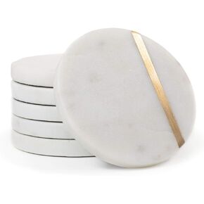 Cork & Mill Marble Coasters Set of 6 - Luxury Aesthetic Modern Drink Coasters for Coffee Table- White Cup Coasters with Gold Brass Inlay - Real Natural Semi Absorbent Stone Coasters