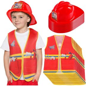 Geyoga 24 Pcs Fireman Costume Set for Kids, Fireman Role Play Party Supplies, Includes 12 Firefighter Helmet and 12 Vest for Kids Ages 3-8 Birthday Halloween Role Play Party Dress