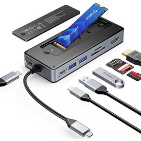 ORICO USB-C Hub with M.2 SSD Enclosure, 8-in-1 USB C Docking Station Fits M.2 NVMe/SATA SSD, 10Gbps, 4K@60Hz HDMI, 100W PD, SD/TF Card Reader - OM28P