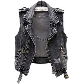 Women's Lapel Black Denim Vest Classic Zipper up Sleeveless Outerwear Waistcoat Jacket