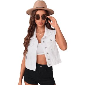 Floerns Women's Flap Pocket Button Front Sleeveless Collar Neck Denim Vest Jacket