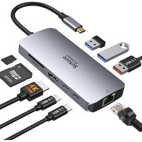 USB C Adapters for MacBook Pro/Air, Selore 9 in 1 USB C Hub with 4K HDMI, 2 * 10Gbps USB-C 3.1 GEN2 Port, 1Gbps Ethernet, USB 3.1 10Gbps Data Ports, 2*USB 3.0 dongle for Dell, HP and More
