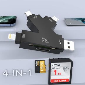 قارئ بطاقات Lightning متعدد 4 في 1+Type C+USB A+Micro USB لأجهزة iPhone/iPad/Android/Mac/الكمبيوتر/الكمبيوتر اللوحي، ومحول بطاقة محمول وعارض كاميرا Trail متوافق مع بطاقة SD/TF/Micro SD