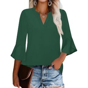 AKEWEI Women's 3/4 Length Bell Sleeve Tops V Neck Dressy Casual Shirts Ladies Loose Fit Blouses Tunic