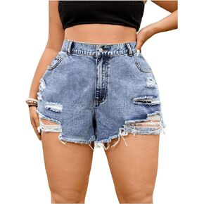 BEAUDRM Women's Plus Size High Waist Zipper Straight Leg Ripped Raw Hem Denim Shorts