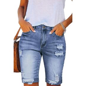 LONGYIDA Denim Bermuda Shorts for Women Stretch Distressed Cuffed Hem Jean Shorts