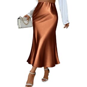 Zeagoo Womens Satin Skirt Thin High Waist Midi Skirt Flowy Silk Casual Skirts Mermaid Hem