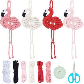 FREEBLOSS 4 Set Macrame Flamingo Ornament Boho Keychain Ornament Macrame Keychain DIY Kit Keychain Bag Charm for Girls Macrame Kit for Adults Beginners