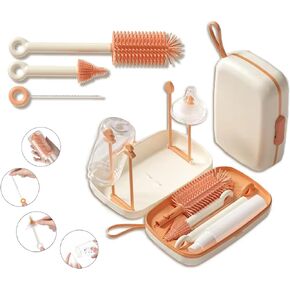GENIEALL New Upgraded 7in1 Travel Bottle Cleaner kit, Bottle Brush, Nipple Brush, Straw Brush, Soap Dispenser, Drying Rack, Drainage Tray, Storage Box, Baby Travel Essentials (White and Orange)