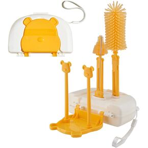 EMTSEB 6 in 1 Bottle Cleaning Brush Set with Silicone Bottle Brush, Straw Brush, Nipple Brush, Soap Dispenser, Storage Box, Drying Rack for Baby Bottle (Yellow)