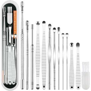 مجموعة أدوات تنظيف شمع الأذن الزنبركية لإزالة شمع الأذن من Soottaci، منظف احترافي للأذن، أداة تنظيف تدليك الأذن الحلزونية 360 درجة من الفولاذ المقاوم للصدأ مع صندوق تخزين وفرشاة تنظيف (13 قطعة) in Kuwait