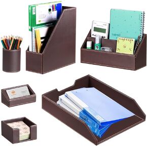 Office Desk Organizer and Workspace Accessories Storage Caddy for Men, Black Leather 6 PCS Set- Pencil Cup, Business Card Holder, Sticky Note Dispenser, Mail Sorter, Letter Tray, Magazine Holder