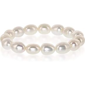 9.5mm-11mm AAAA White Semi-Baroque Oval Freshwater Cultured Pearl Bride & Bridesmaid Stretch Strand Bracelet - 7" & 8"