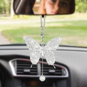 Butterfly Car Accessories, Car Interior Mirror Ornaments Car Bling Rearview Mirror Accessories Diamond Car Hanging Ornament Lucky Hanging Pendant Cute Car Accessories for Women (White)