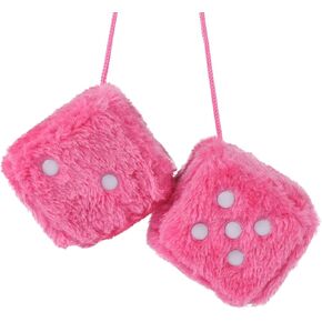3.9" Dice Plushies Retro 2 pcs Square Mirror Fuzzy Plush Dice with Dots Car Interior Hanging Ornament Decoration(Pink)