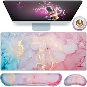 Mouse Pad with Wrist Rest,QOMOLAMA 4-in-1 Large Mousepad+Keyboard Wrist Rest+Mouse Pad Wrist Support+Cup Pad Set,Ergonomic Mouse Pad,Anti-Slip,Memory Foam Desk Mat for Home Office Gaming(35.4×15.7in)