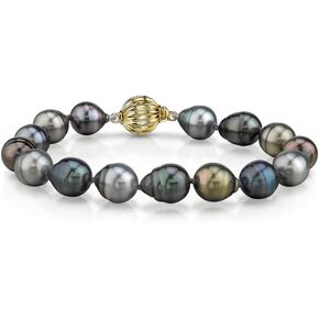 The Pearl Source 14K Gold 9-10mm Baroque Genuine Multicolor Tahitian South Sea Cultured Pearl Bracelet for Women