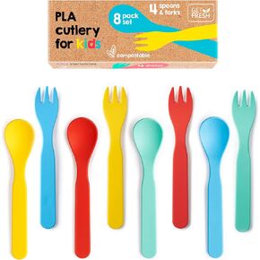 GET FRESH PLA Kids Spoons and Forks Set – 8-Pack Melamine Free Utensils for Kids & Toddlers – Biodegradable Childrens Cutlery Spoons and Forks – Reusable Microwave Safe PLA Kids Dinnerware