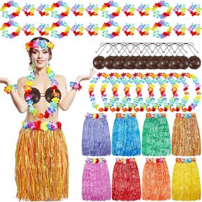 Bonuci 8 Sets Coconut Bra Hula Skirt Costume Accessory Kit Hawaiian Costume Set 23.6'' Skirt Headbands Wristbands Hawaiian Necklace Flower Leis for Women Girls Luau Party Tropical Party Favors