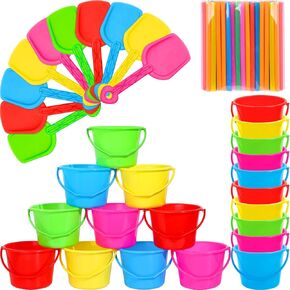 Sand Buckets and Shovels Beach Buckets and Shovels Set for Kids Plastic Bucket Beach Pail with 100 Plastic Straws for Summer Holiday Party Beach Birthday Party Favors (20 Sets)