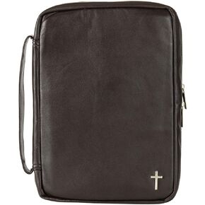 Dicksons Natural Brown Genuine Leather Zippered Bible Cover with Silver-Tone Cross Accent and Carrying Handle, Large Print