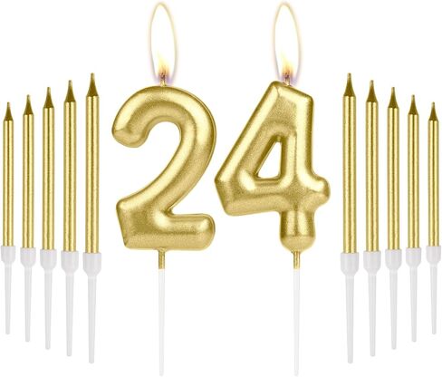 ininger الذهب 24 عيد ميلاد عدد الشموع، الذهب الشموع عصا طويلة، عدد 24 شمعة كعكة كب كيك القبعات العالية لفتاة صبي، الشموع الذهبية للكعك، عيد ميلاد حزب زخارف الذكرى السنوية للزفاف in Saudi Arabia