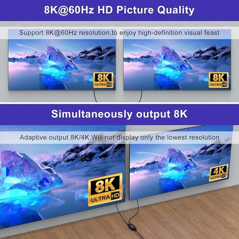 مقسم HDMI 8K 1 في 2 مخرج، 8K@60 هرتز 4K@120 هرتز HDMI2.1 مقسم 1x2 HDMI نسخة ناسخة مع 48 جيجابت في الثانية، HDR ديناميكي، وضع VRR، لألعاب Xbox PS5 PS4 PC Roku Fire TV in Kuwait