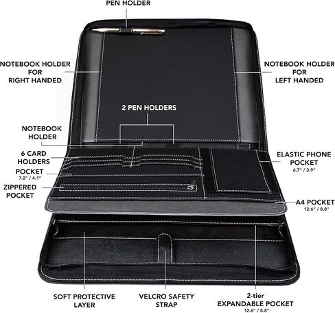 حافظة من جلد البولي يوريثان النباتي من Wundermax - منظم أجهزة الكمبيوتر المحمول للأعمال مع سحاب للسيرة الذاتية والعمل والملاحظات - حافظة للرجال والنساء مع مفكرة وجيب iPad/الكمبيوتر اللوحي مقاس 10 بوصات، أسود in Kuwait