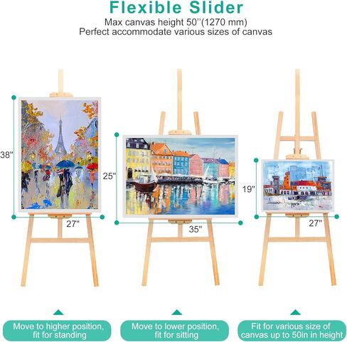 حامل عرض ارتفاع قابل للتعديل من تيك هوم من 63 بوصة إلى 69 بوصة، حامل فنان محمول من خشب الصنوبر للرسم، سهل التجميع، حامل حامل أرضي أساسي قابل للطي للبالغين المبتدئين، الحد الأقصى يحمل 110 رطل in Kuwait