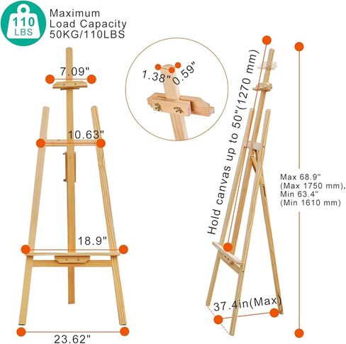 حامل عرض ارتفاع قابل للتعديل من تيك هوم من 63 بوصة إلى 69 بوصة، حامل فنان محمول من خشب الصنوبر للرسم، سهل التجميع، حامل حامل أرضي أساسي قابل للطي للبالغين المبتدئين، الحد الأقصى يحمل 110 رطل in Kuwait