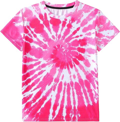 Tshyfiper Girls Tie Dye Shirt Short Sleeve Top Crew Neck Tee Shirts Kids Girl 3D Summer Clothes 6-14 Years in Saudi Arabia