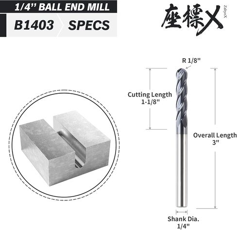 ZahyoX 4 Flutes TiAlN Coated Ball Nose End Mill, Solid Carbide Upcut Spiral CNC Router Bit, 1/4" Diameter, 1/8" Radius, 1/4" Shank, 1-1/8" Cutting Length, 3" Overall Length, CNC Cutter Milling Tool in Saudi Arabia