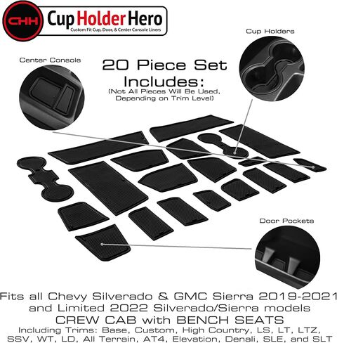 CupHolderHero يناسب ملحقات Chevy Silverado 1500 وGMC Sierra 2014-2022 Premium Custom Interior Nonslip AntiDdust CupHolder Insert، Console Liner Mats، مجموعة 20 قطعة (CrewCab مع مقاعد البدلاء) (أسود خالص) in Saudi Arabia