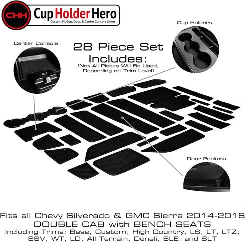 CupHolderHero يناسب ملحقات Chevy Silverado 1500 وGMC Sierra 2014-2022 Premium Custom Interior Nonslip AntiDdust CupHolder Insert، Console Liner Mats، مجموعة 20 قطعة (CrewCab مع مقاعد البدلاء) (أسود خالص) in Saudi Arabia