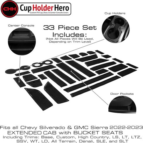 CupHolderHero يناسب ملحقات Chevy Silverado 1500 وGMC Sierra 2014-2022 Premium Custom Interior Nonslip AntiDdust CupHolder Insert، Console Liner Mats، مجموعة 20 قطعة (CrewCab مع مقاعد البدلاء) (أسود خالص) in Saudi Arabia