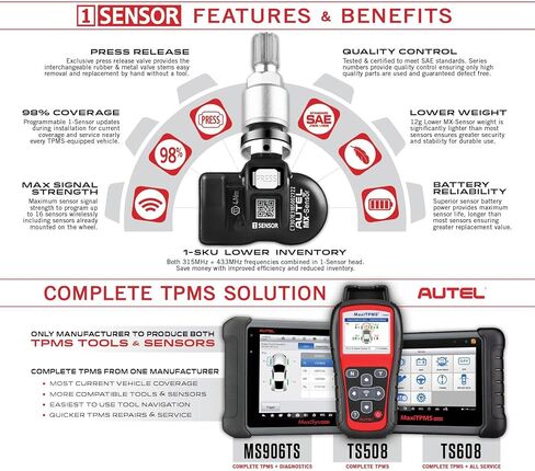 Autel TPMS Sensor 2in1 MX-Sensor 315Mhz/433Mhz OE-Level Universal Tire Pressure Monitoring System Sensors Programmable by Autel TPMS Tool Compatible with TS408 TS508 TS608 (Press-in Metal Valves 4pcs) in Saudi Arabia