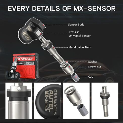 Autel TPMS Sensor 2in1 MX-Sensor 315Mhz/433Mhz OE-Level Universal Tire Pressure Monitoring System Sensors Programmable by Autel TPMS Tool Compatible with TS408 TS508 TS608 (Press-in Metal Valves 4pcs) in Saudi Arabia